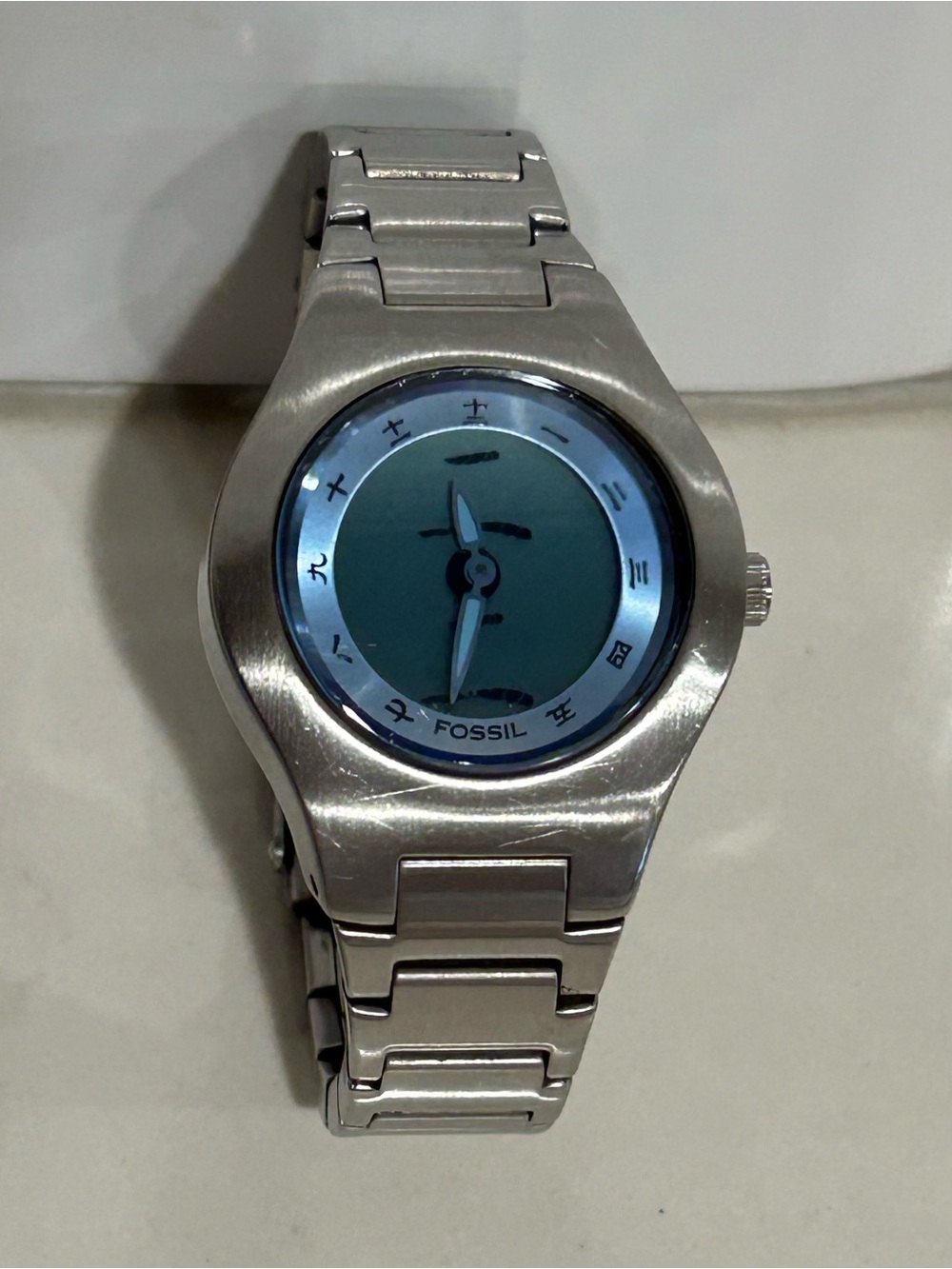 Vintage Fossil Big Tic JR-8000 Blue Kanji Stainless Steel Watch - Working